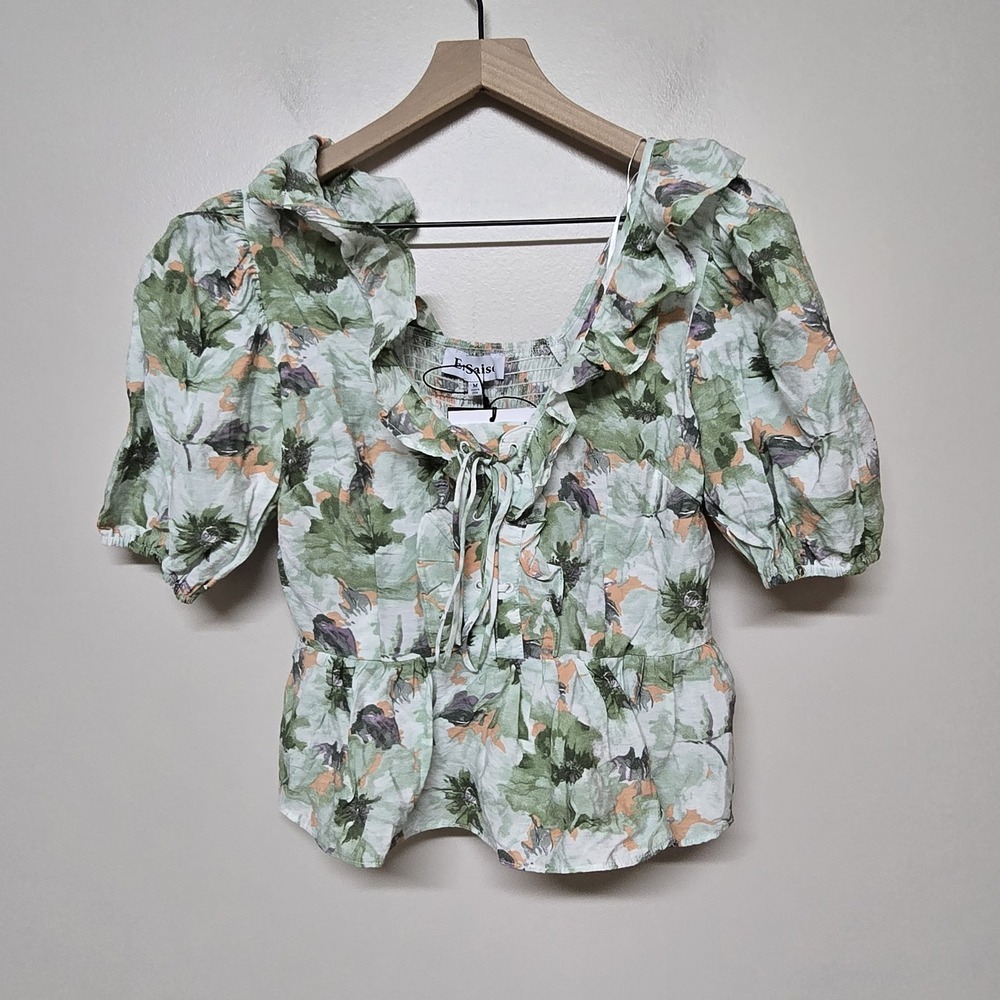 En Saison Kieran Tied Puff Sleeve Green Floral BOHO NWT Croppes Blouse Size M